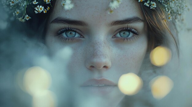 Photo captivating image of a womans face peering through a veil of mist for artistic and creative projects