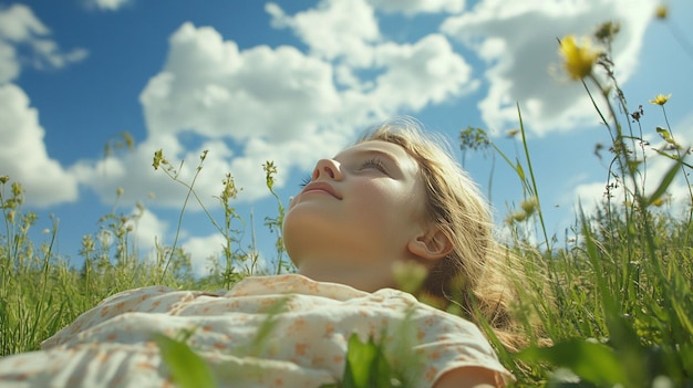 Photo captivating image of a young girl lying on her back in a meadow gazing at the sky for relaxation and daydreaming