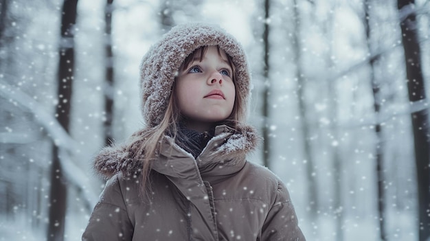 Photo captivating image of a young girl standing in a snowy forest capturing the beauty of winter activities