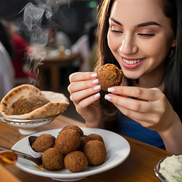 Photo a captivating image of a young woman enjoying a freshly fried falafel in a bustling middle eastern