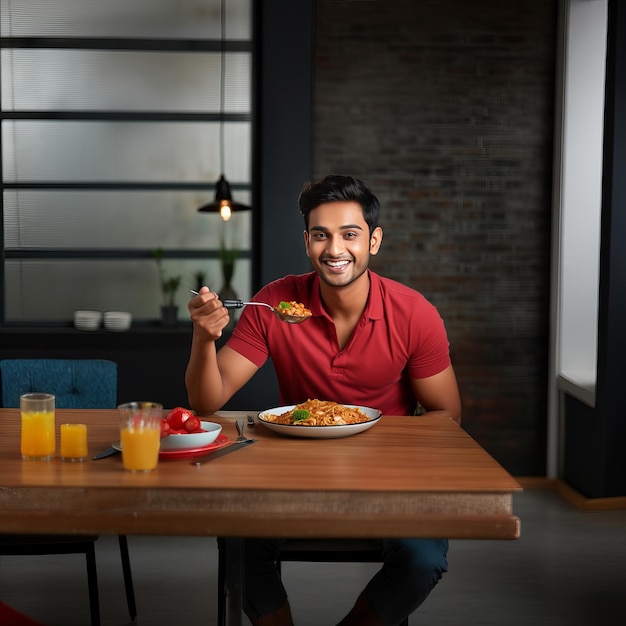 Captivating Indian Gentlemen Delightfully Savoring Mutton Curry in Vibrant Red Polo Shirt