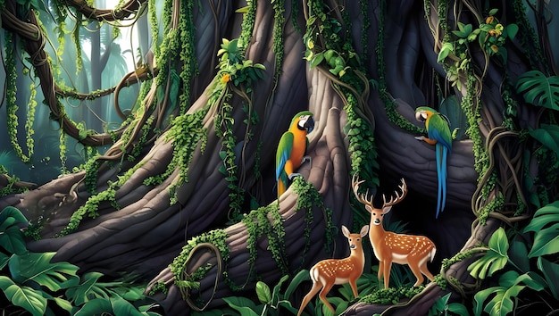 Photo captivating jungle scene with two deer surrounded by vibrant foliage and lively parrots