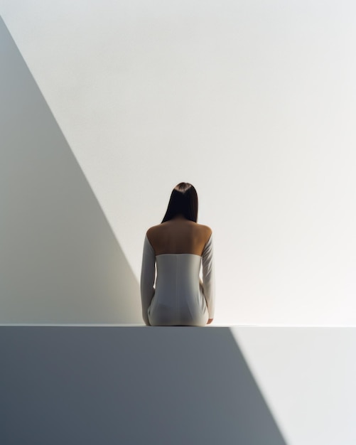 A captivating juxtaposition of light and shadow a woman seated on a pure white wall her silhouette adding depth to the scene