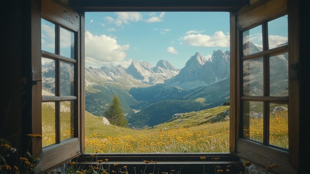 Photo captivating landscape majestic mountains viewed through a window a breathtaking scene