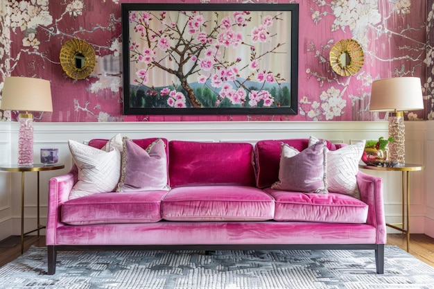 Captivating Living Room Scene with Pink Sofa and Sophisticated Decor