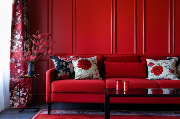 Captivating Living Room Scene with Red Sofa and Sophisticated Decor