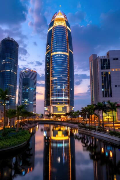 Captivating Long Exposure of City Lights Reflecting on Water Stunning Night Photography Showcasing