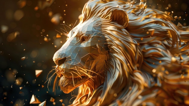 Captivating low poly polygonal lion statue with a mesmerizing geometric mane composed of swirling go