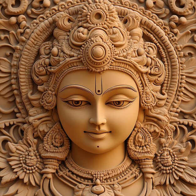 Photo captivating made of clay image of beautiful lord durga face against a vibrant and dynamic background