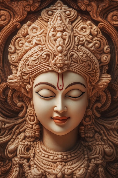 Photo captivating made of clay image of beautiful lord durga face against a vibrant and dynamic background