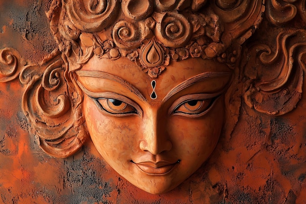 Photo captivating made of clay image of beautiful lord durga face against a vibrant and dynamic background