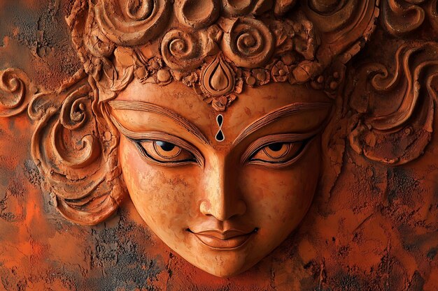 Photo captivating made of clay image of beautiful lord durga face against a vibrant and dynamic background