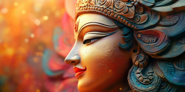 Photo captivating made of clay image of beautiful lord durga face against a vibrant and dynamic background