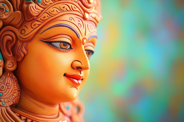 Photo captivating made of clay image of beautiful lord durga face against a vibrant and dynamic background