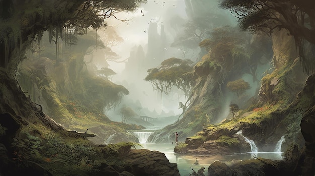 A captivating misty forest landscape illustration Generative AI image