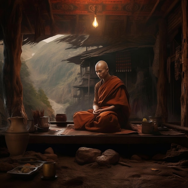 Captivating Moments of a Meditating Buddhist Monk in a Village Cabin