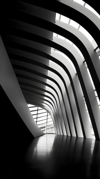 Captivating Monochrome Architectural Corridor with Geometric Patterns and Dramatic Lighting