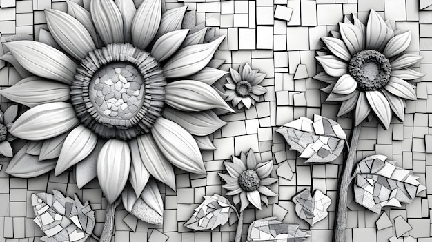 Captivating Monochrome Sunflower Mosaic Artwork for Home Decor