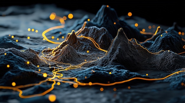 Photo a captivating mountain landscape featuring glowing paths and intricate details perfect for technology and nature themes