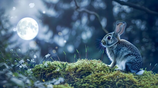 Photo a captivating nighttime scene featuring a rabbit sitting peacefully on a mossy knoll surrounded by the glow of a full moon in a serene and atmospheric landscape