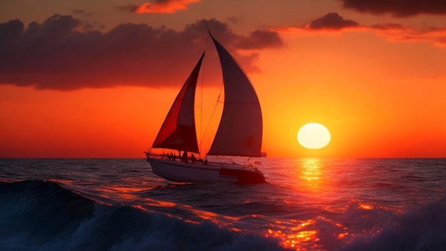 Captivating Ocean Sunset with Sailboat in 8K Resolution