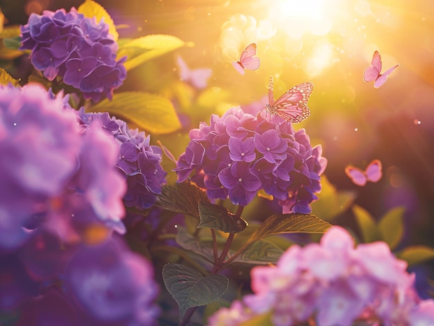 Captivating photo of closeup purple hydrangea blooms at dawn with butterflies hovering above the flowers and the rising sun casting a golden hue across the scene creating a tranquil and