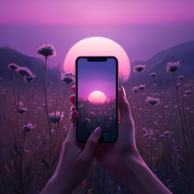 A captivating photo manipulation of a hand holding a smartphone displaying a stunning image