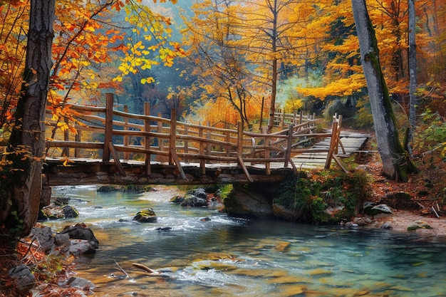 Captivating photo of a rustic wooden bridge adorne generative ai