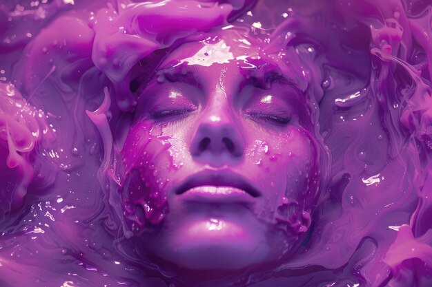 Captivating Photo of Womans Face Submerged in Pink and Purple Liquid Creating Visually Stunning