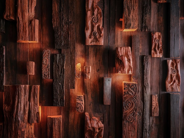 A captivating photograph featuring a wooden backdrop with intricate carvings and a warm rustic feel