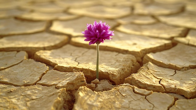 Captivating photograph showcasing a photo of a single purple flower growing through cracked earth in