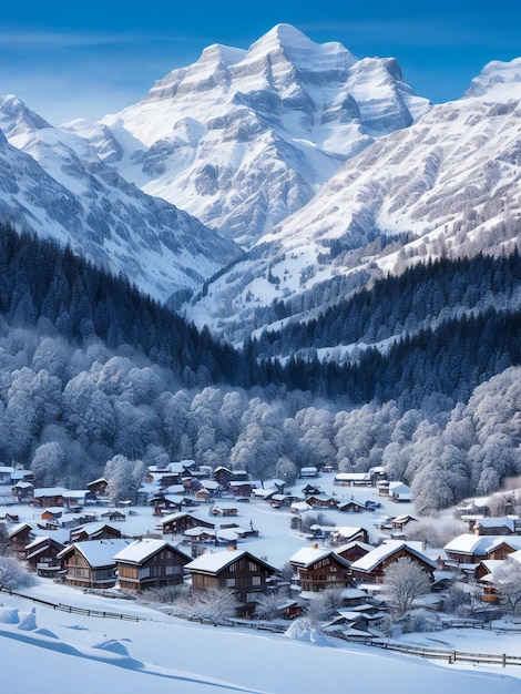 A captivating photograph showcasing a picturesque town blanketed in snow with charming small houses