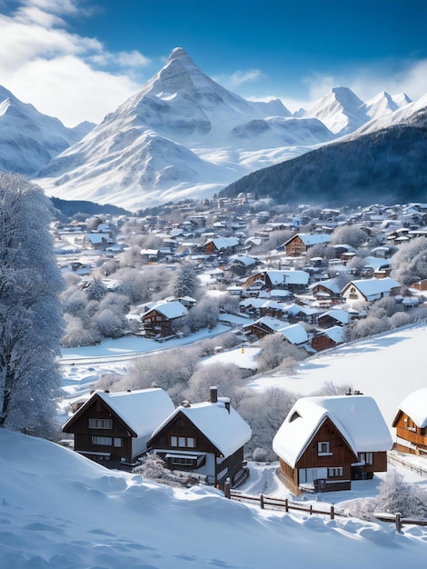 A captivating photograph showcasing a picturesque town blanketed in snow with charming small houses