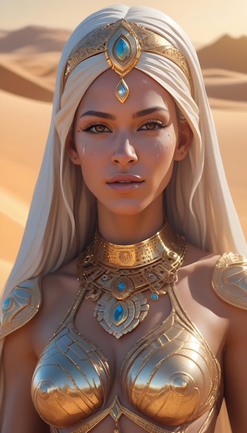 A Captivating Portrait of the Beautiful Desert Princess in Golden Sands Radiating Elegance and Seren