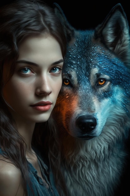 A Captivating Portrait of a Girl and Her Wolf in the Enchanted Woods Generative AI