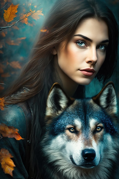 A Captivating Portrait of a Girl and Her Wolf in the Enchanted Woods Generative AI