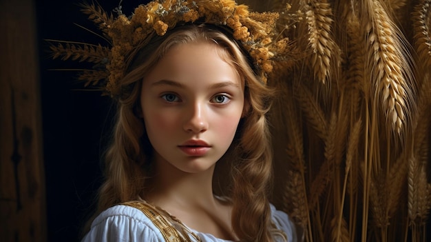 A captivating portrait of a girl wearing a delicate wreath of wheat symbolizing prosperity and the