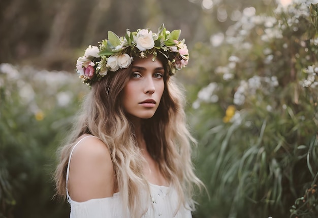 Photo captivating portrait of a girl with a flower crown natural elegance and bohemian style