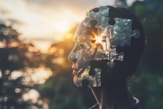 Photo a captivating portrait of a person with a missing puzzle piece on their forehead gazing directly at the camera amidst a dreamy forest background