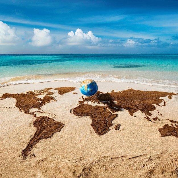 A captivating portrait photograph of a world map design on world oceans day