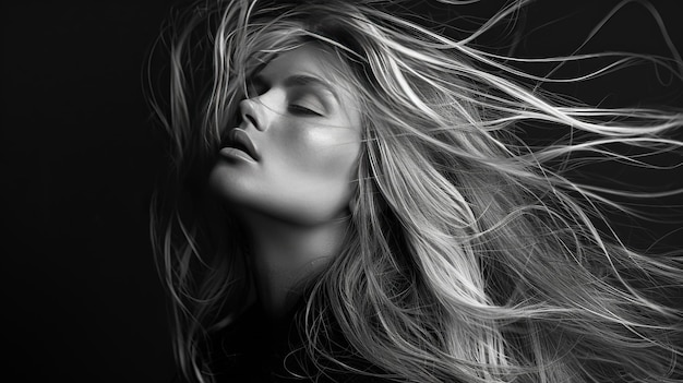 Captivating Portrait of a Woman with Flowing Silver Hair in Stunning Monochrome Photography