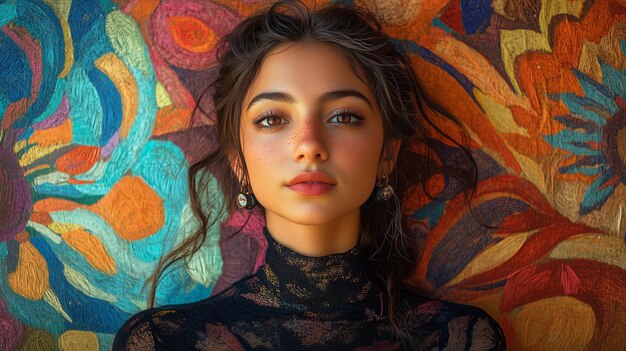 Photo a captivating portrait of a young woman set against a vibrant and colorful background