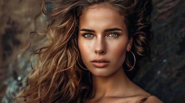 Captivating portrait of a young woman with freckles and flowing hair