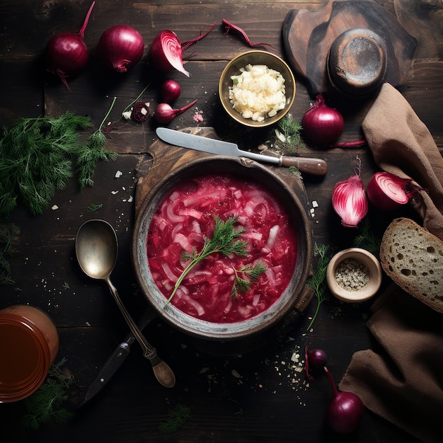 Photo captivating pour borscht's vibrant dance from jug to bowl