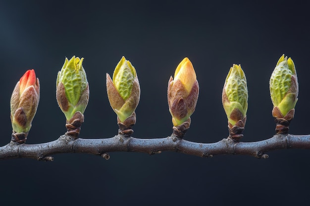 Photo captivating progression of bud growth along a single branch during early springtime