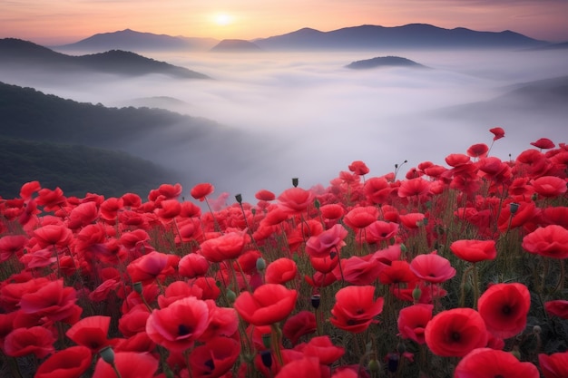 Captivating Red flowers mountain view Generate Ai