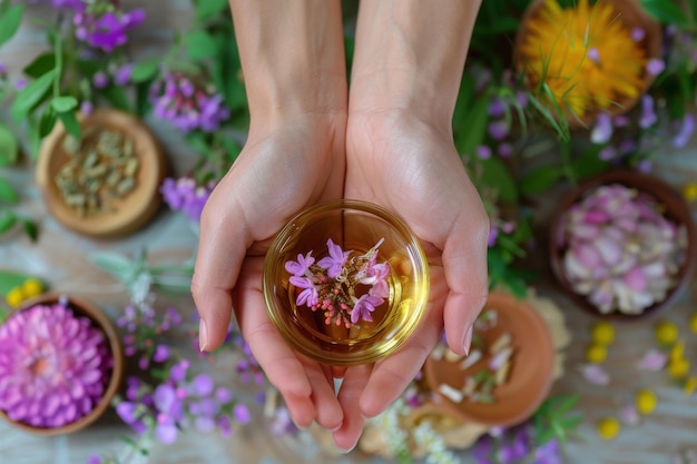 Photo captivating ritual of herbal remedy preparation surrounded by vibrant blossoms and natural elements