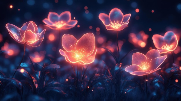 Photo a captivating scene of glowing flowers in soft hues beautifully illuminate against a dark background