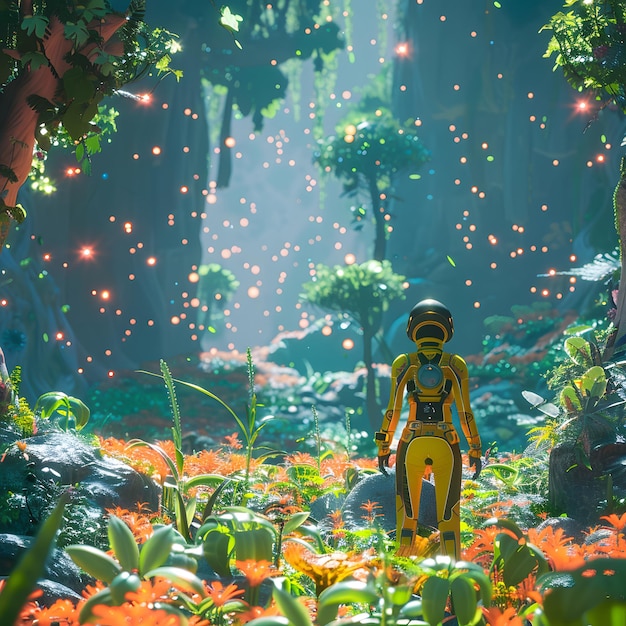 A captivating scene of a humanoid robot standing amidst a lush green forest