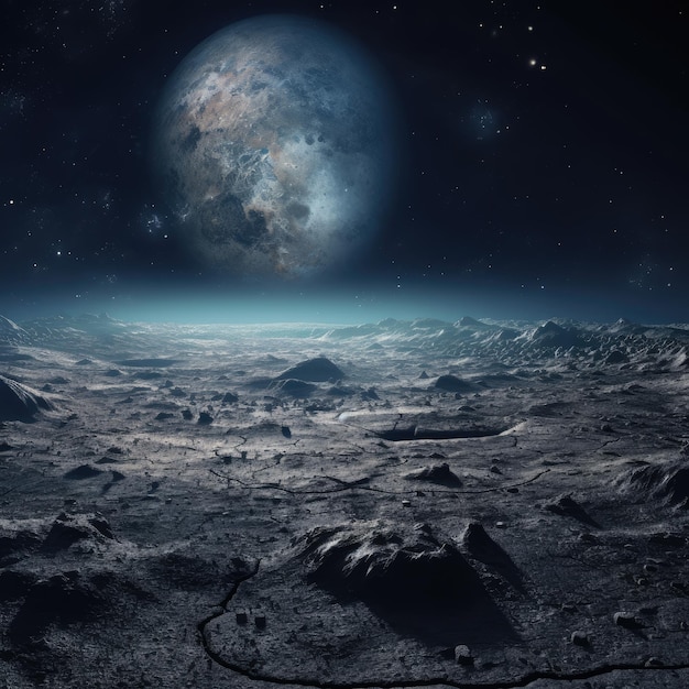 Captivating Scene Lunar Landscape Revealing Earth with Expansive Galaxy Background